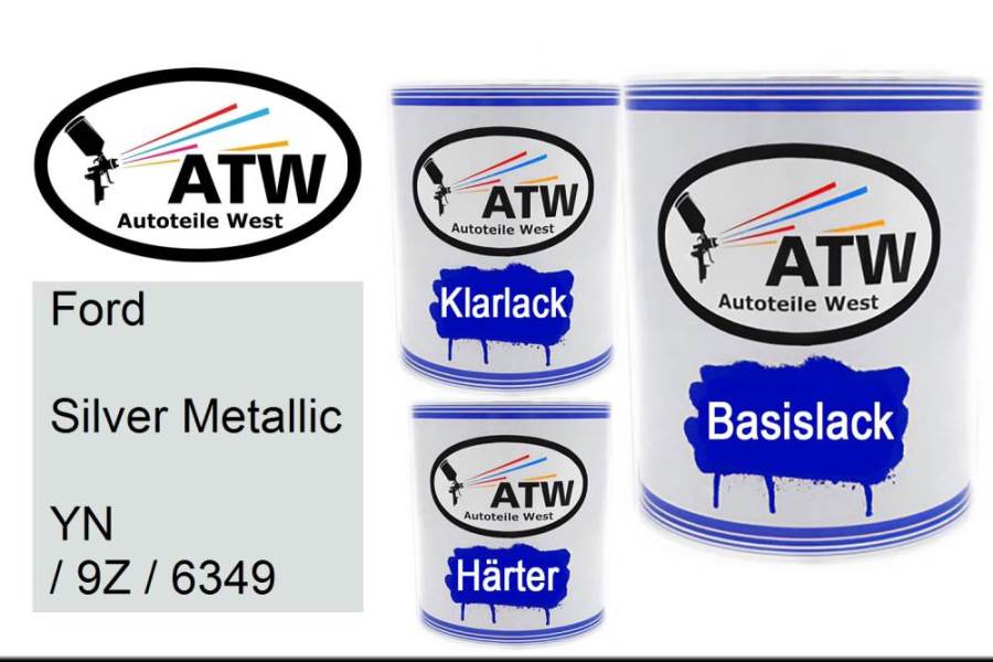 Ford, Silver Metallic, YN / 9Z / 6349: 1L Lackdose + 1L Klarlack + 500ml Härter - Set, von ATW Autoteile West.